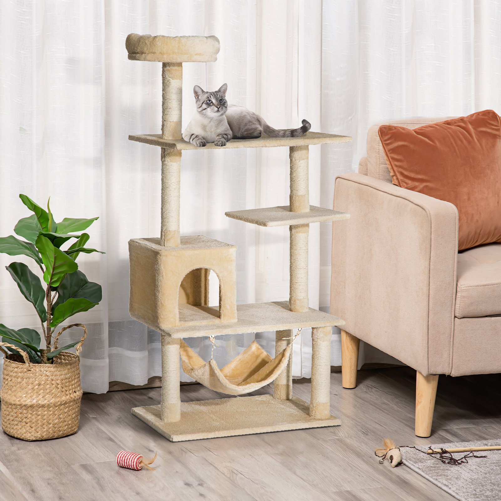 Árvore arranhador para gatos com plataformas múltiples brinquedo suspenso caverna espaçosa rede macia postes de coçar 70x40x152 cm bege