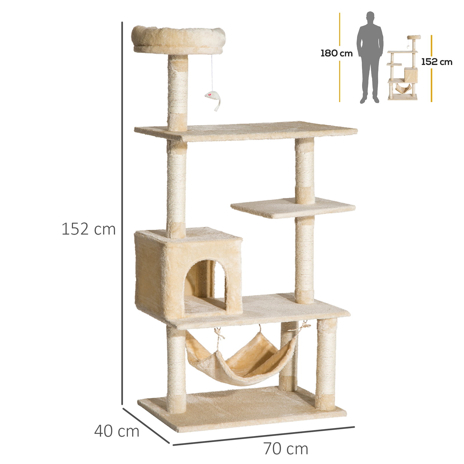 Árvore arranhador para gatos com plataformas múltiples brinquedo suspenso caverna espaçosa rede macia postes de coçar 70x40x152 cm bege