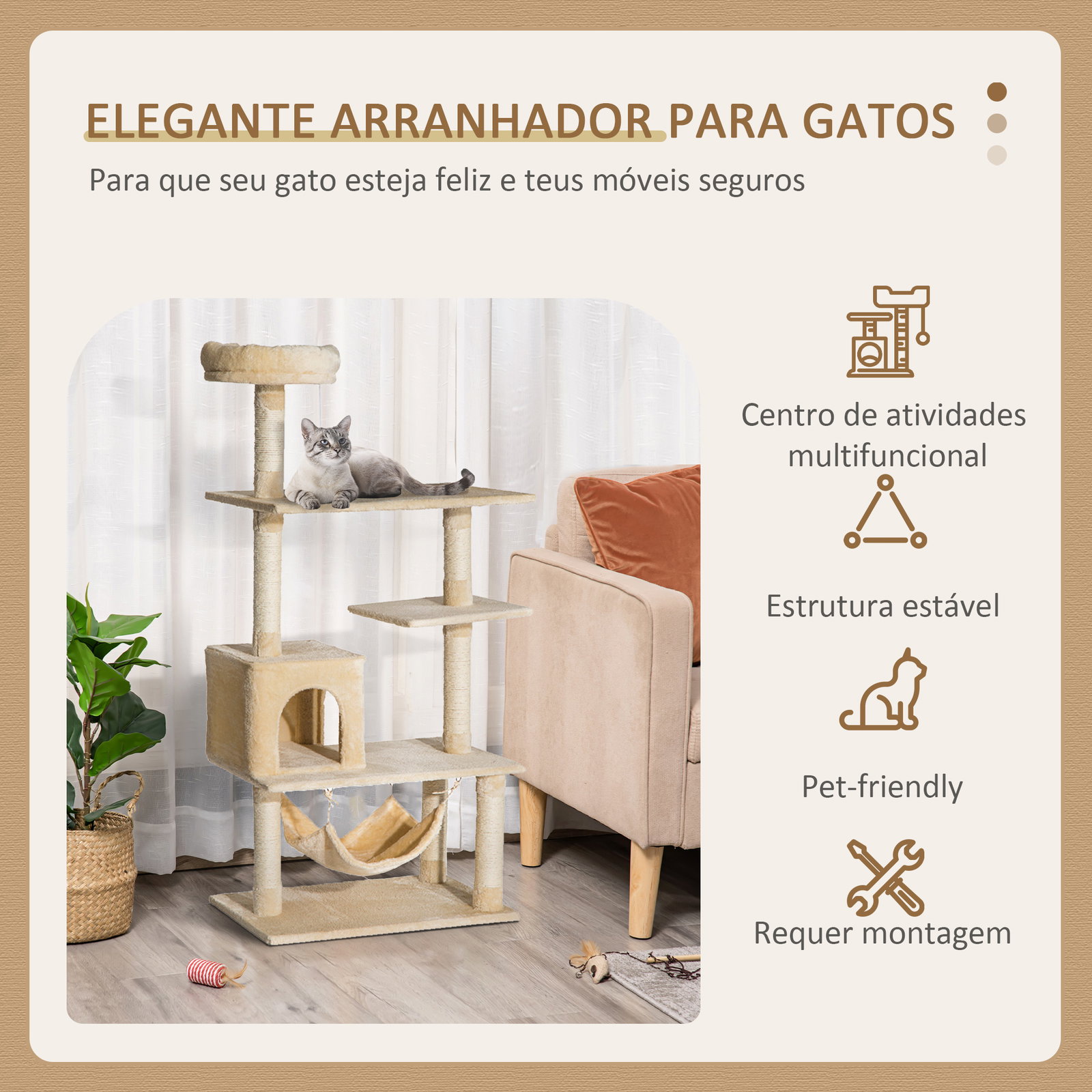 Árvore arranhador para gatos com plataformas múltiples brinquedo suspenso caverna espaçosa rede macia postes de coçar 70x40x152 cm bege