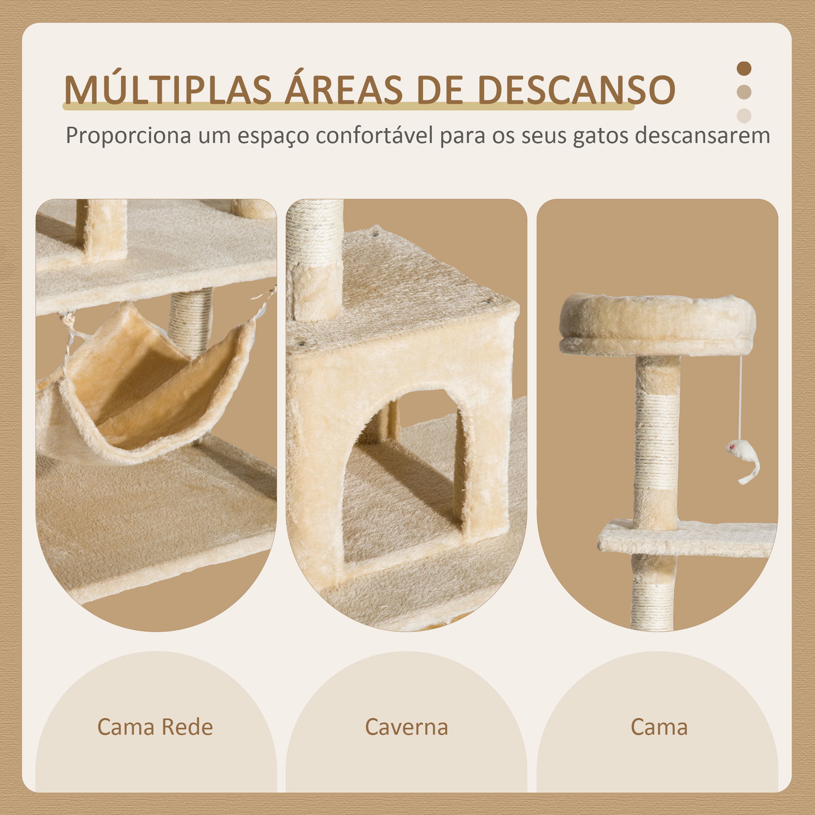 Árvore arranhador para gatos com plataformas múltiples brinquedo suspenso caverna espaçosa rede macia postes de coçar 70x40x152 cm bege