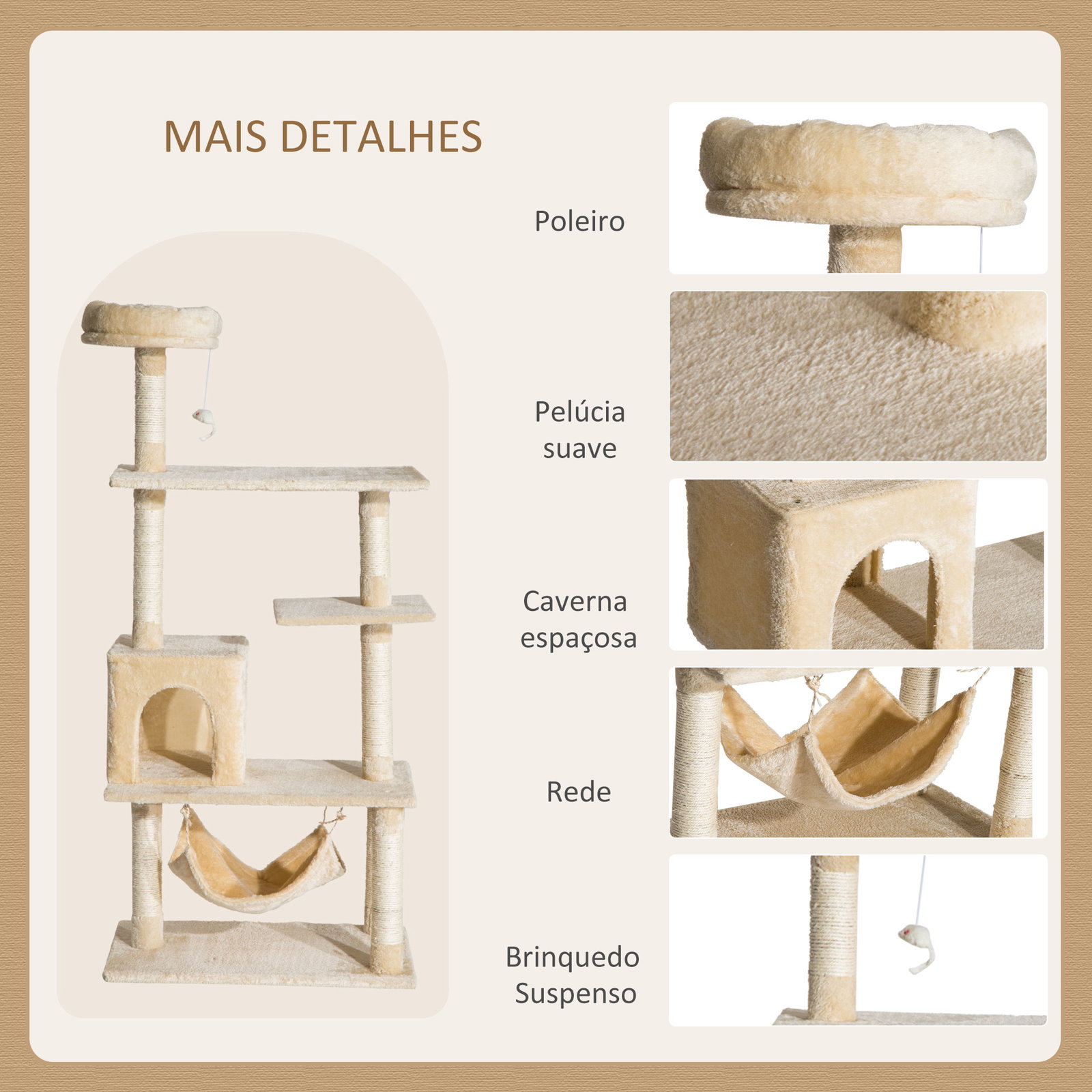 Árvore arranhador para gatos com plataformas múltiples brinquedo suspenso caverna espaçosa rede macia postes de coçar 70x40x152 cm bege