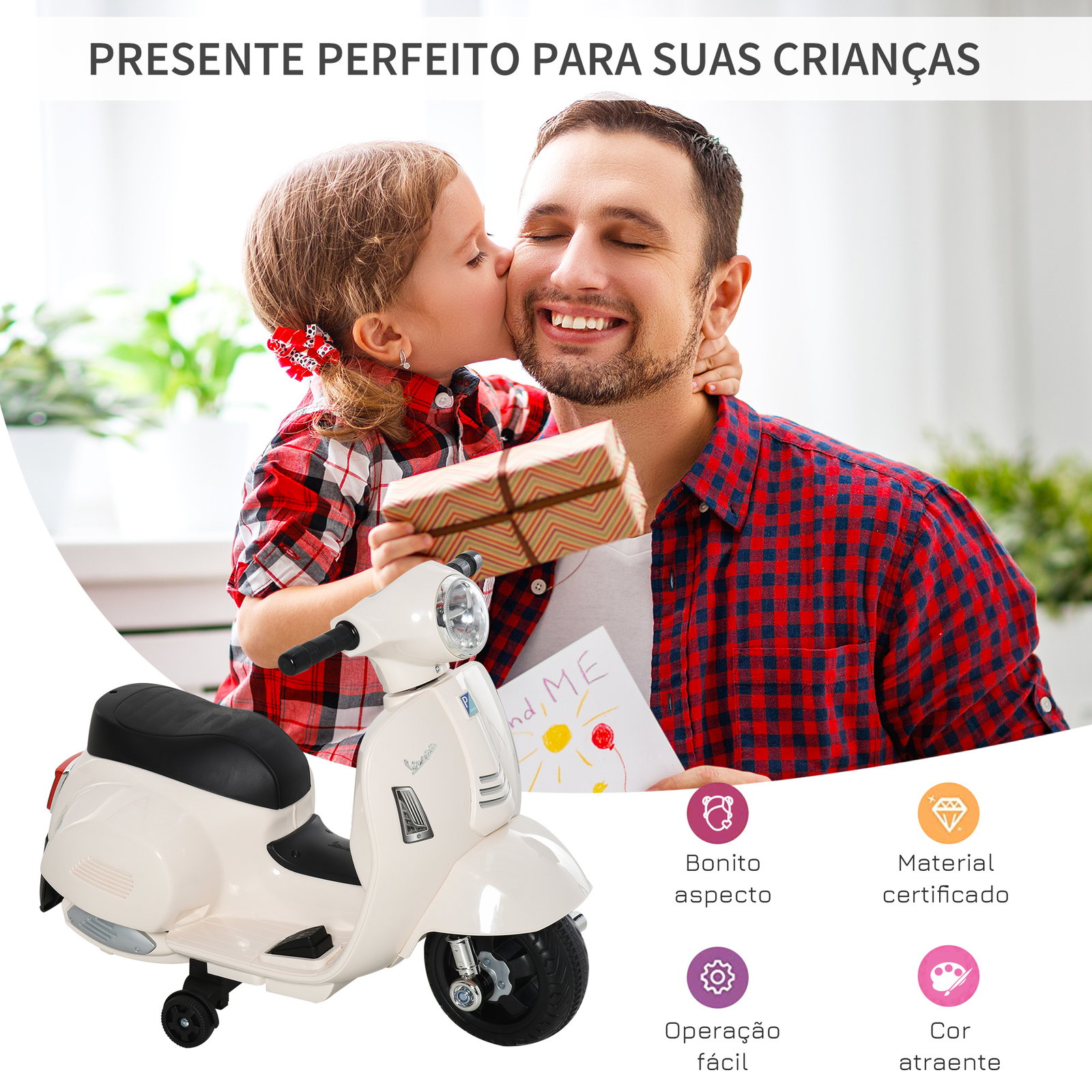 Mota Elétrica Vespa para Crianças com Farol e Buzina 66,5x38x52 cm Branco