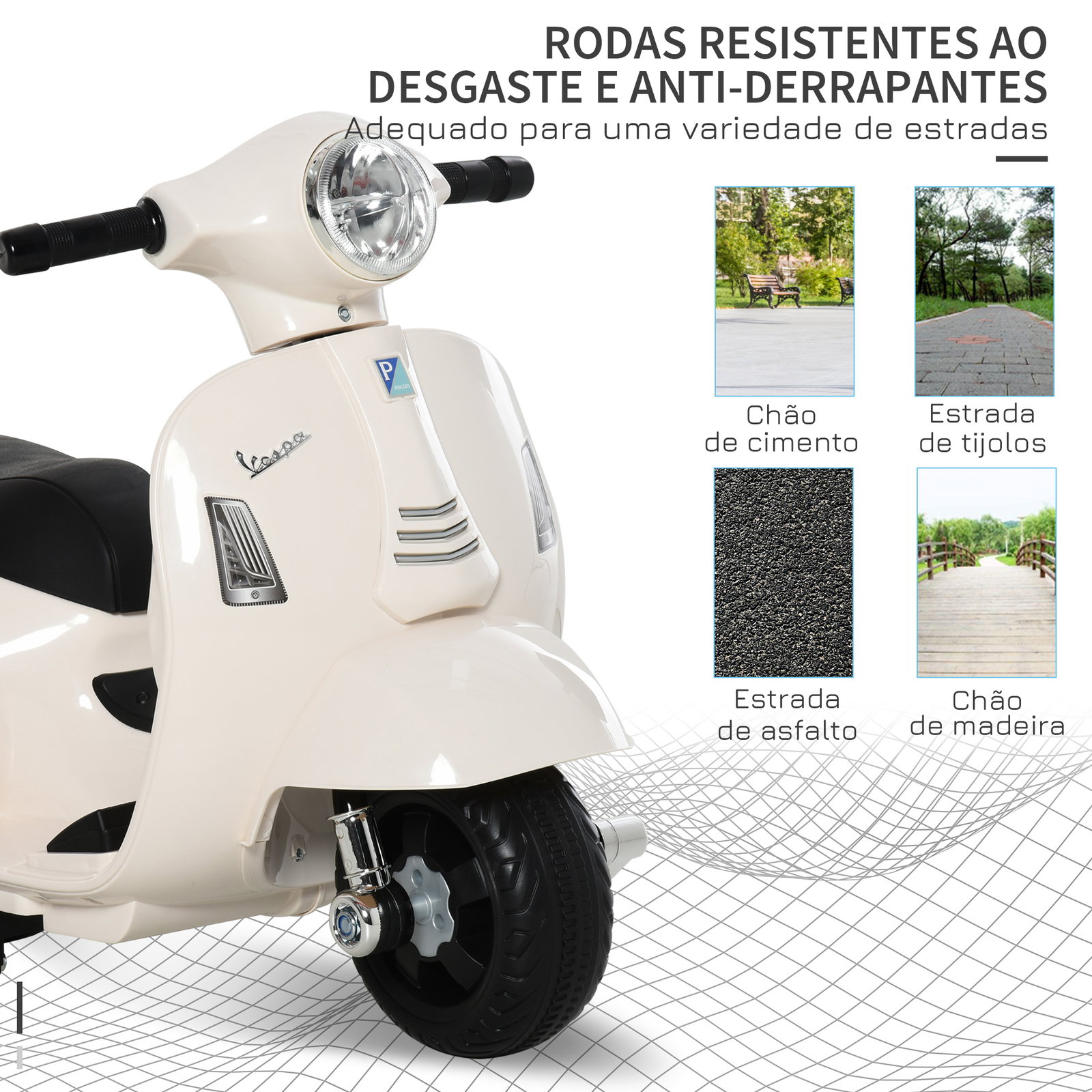 Mota Elétrica Vespa para Crianças com Farol e Buzina 66,5x38x52 cm Branco
