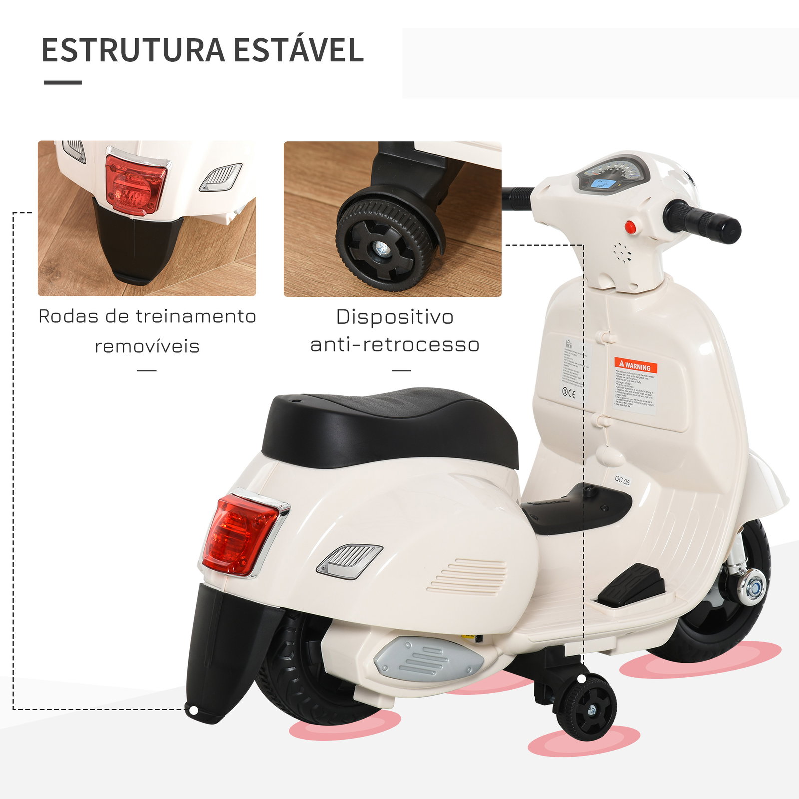 Mota Elétrica Vespa para Crianças com Farol e Buzina 66,5x38x52 cm Branco