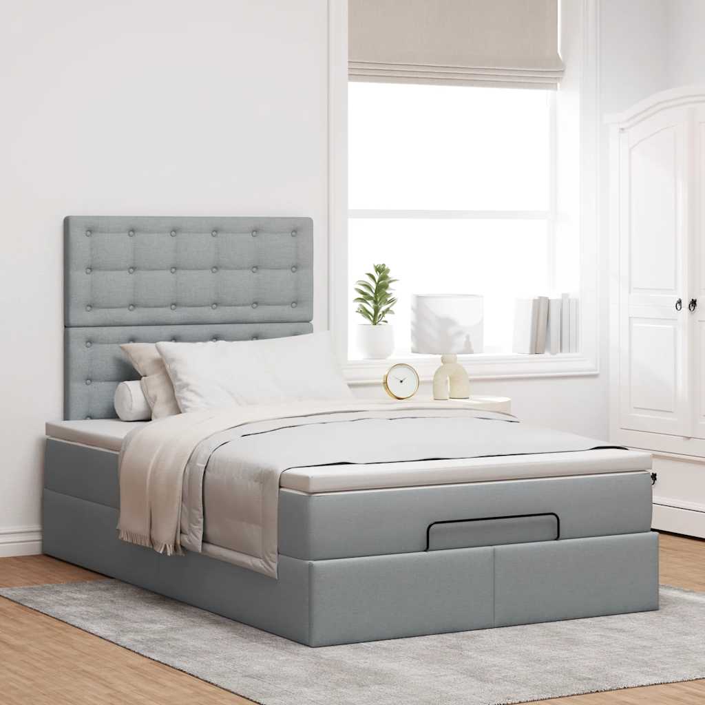 Estrutura de cama otomana com colchão cinza claro tecido