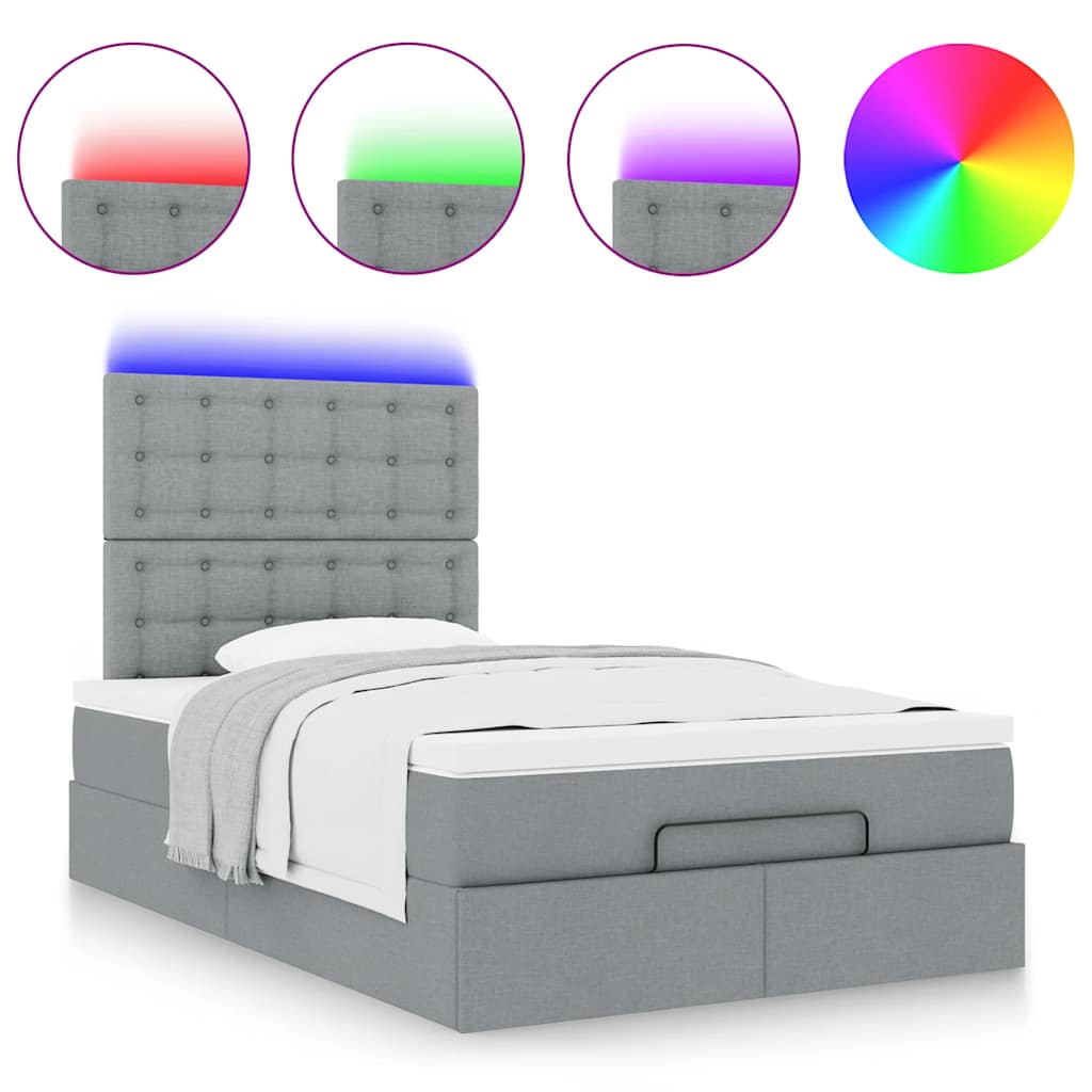 Estrutura de cama otomana com colchão cinza claro tecido