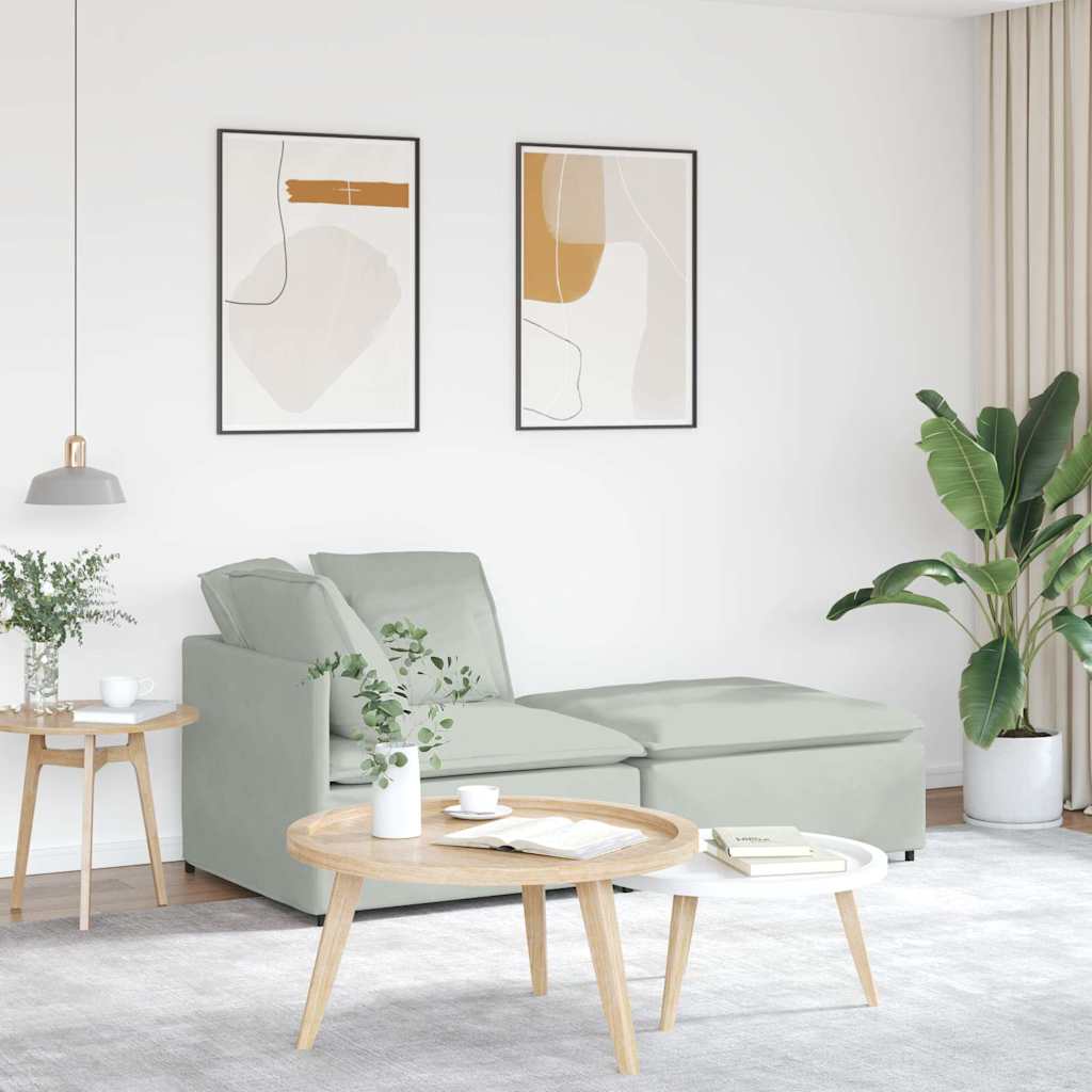 Sofá modular com pufes e almofadas veludo cinzento-claro