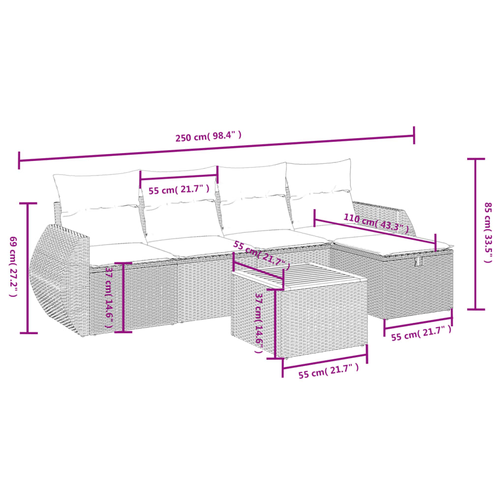 6 Pcs conjunto de sofás p/ jardim com almofadões vime PE bege