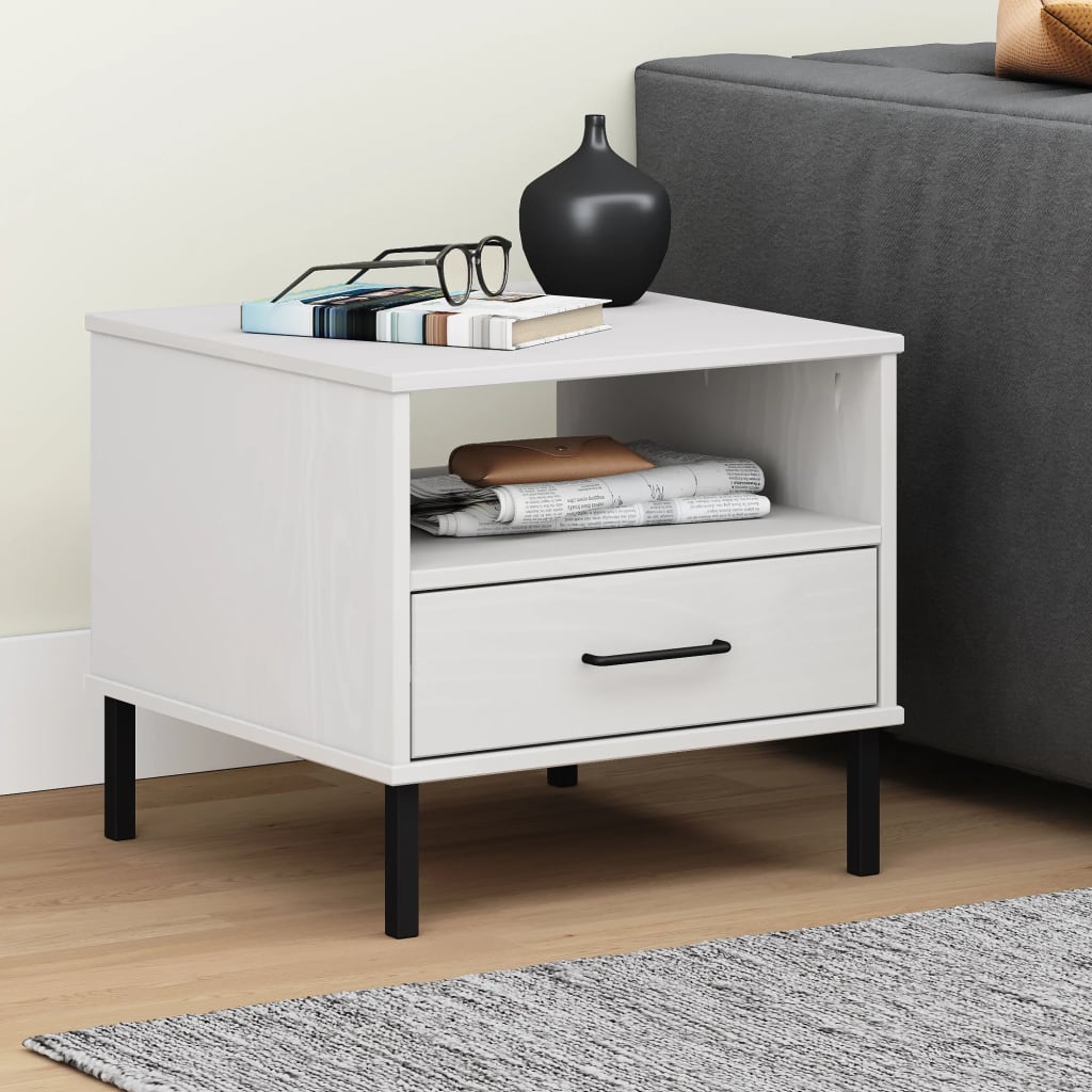 Mesa de cabeceira c/ pernas de metal pinho maciço oslo branco