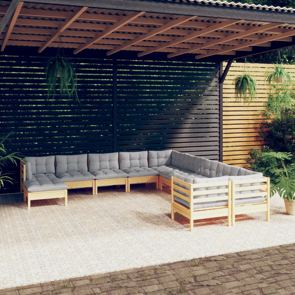 11 Pcs conjunto lounge de jardim c/ almofadões cinza pinho