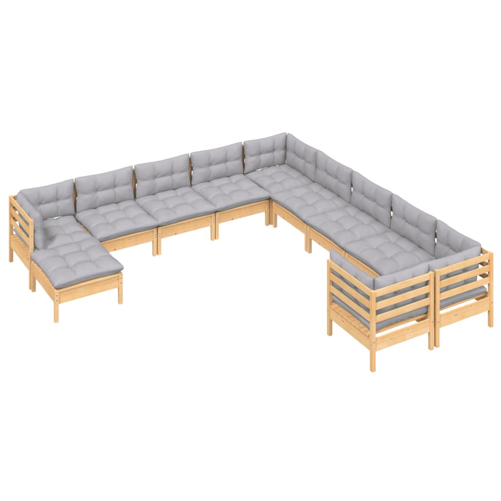 11 Pcs conjunto lounge de jardim c/ almofadões cinza pinho