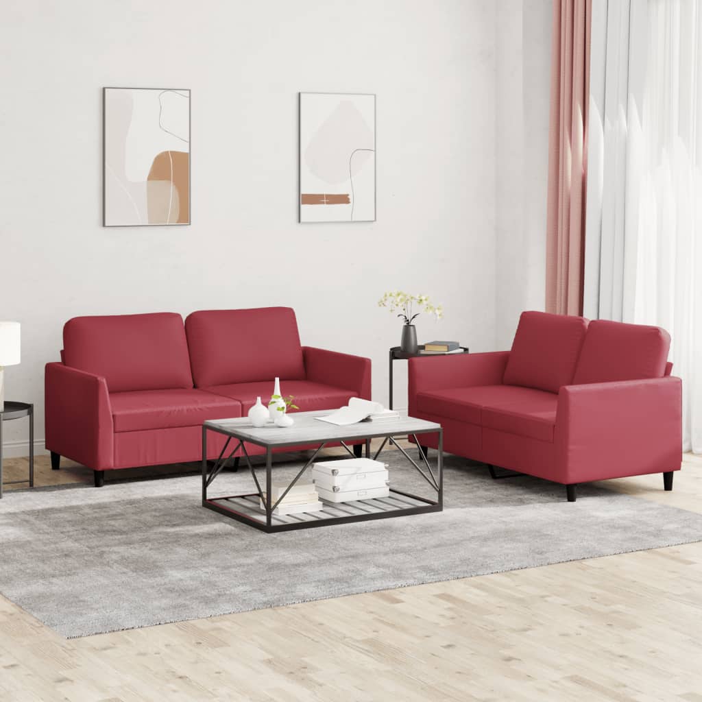 2 Pcs conjunto sofás c/ almofadões couro artif. vermelho tinto