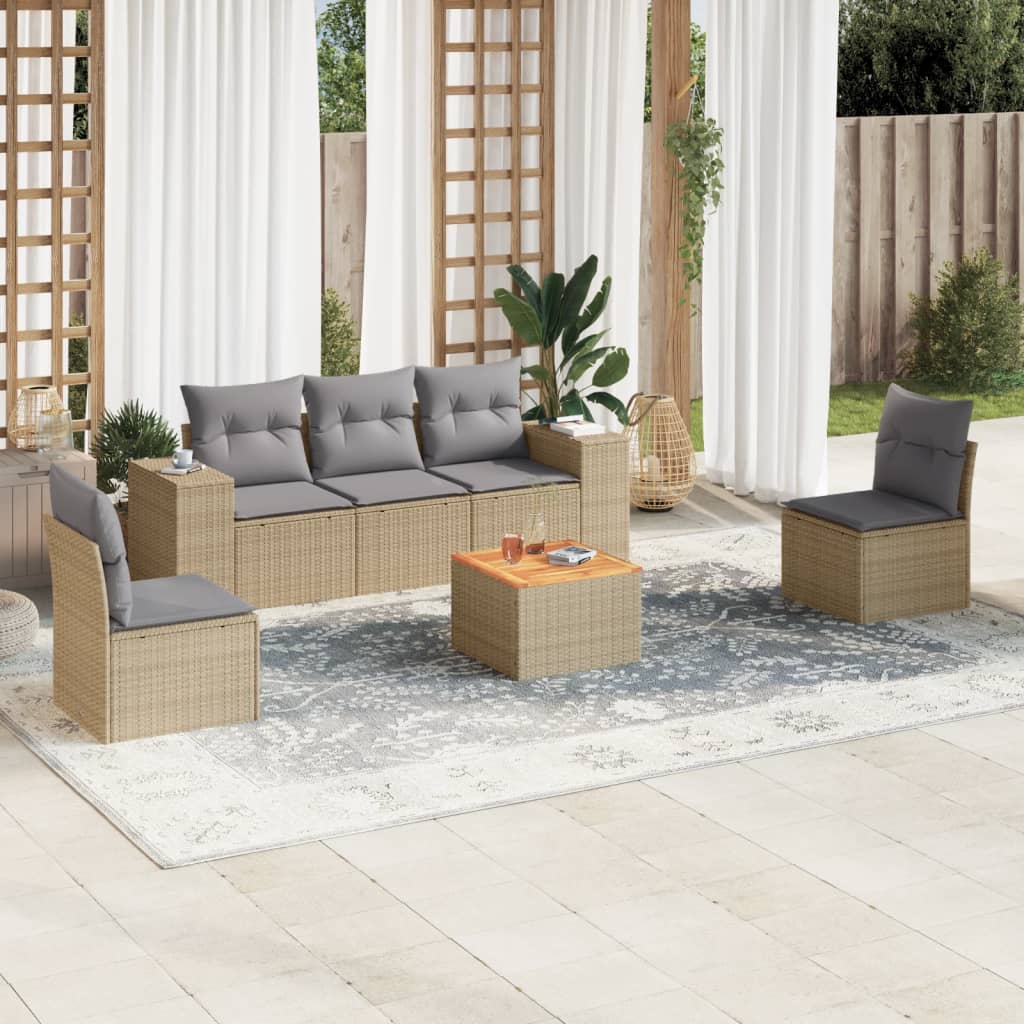 6 Pcs conjunto de sofás p/ jardim com almofadões vime PE bege