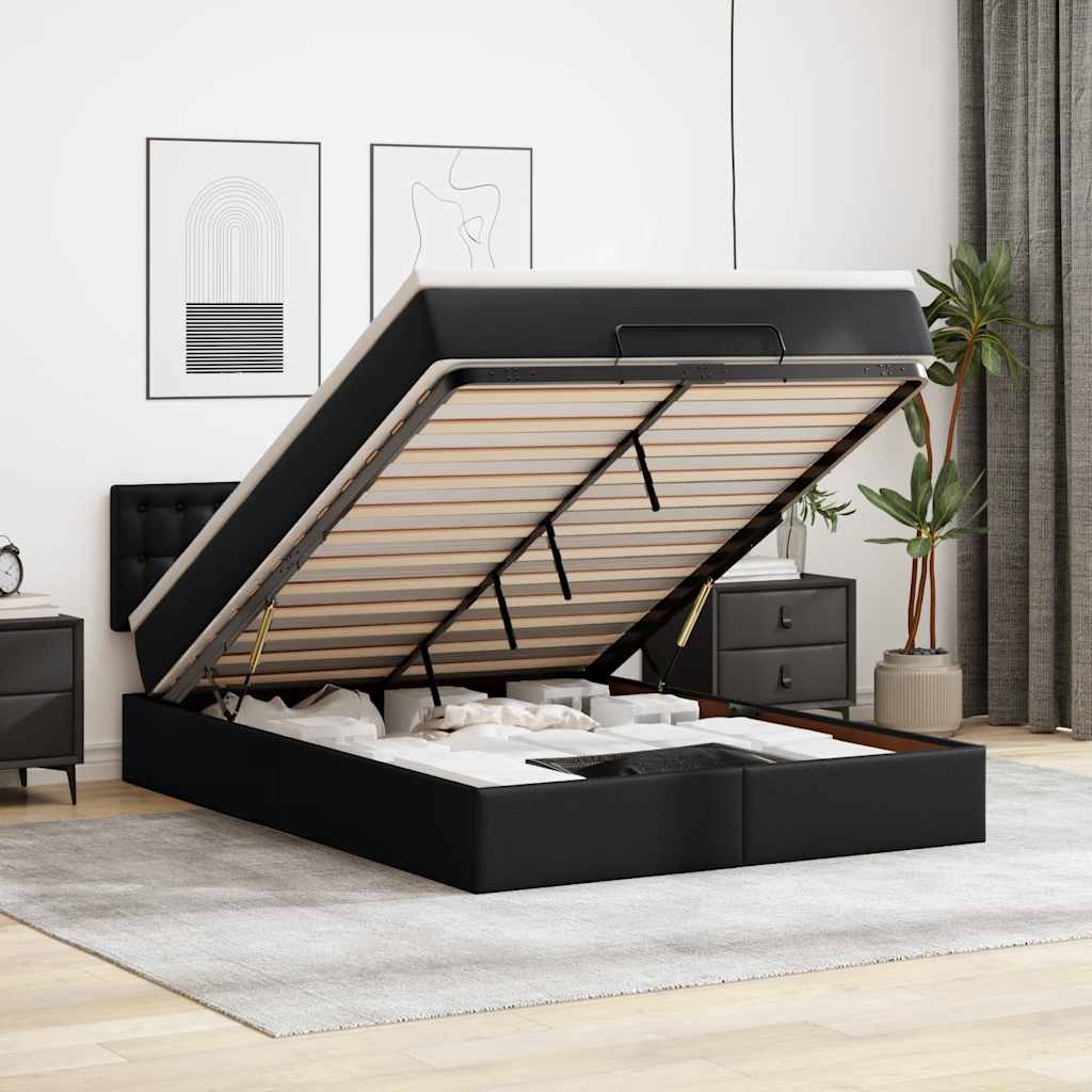 Cama otomana com colchões&leds 140x190cm couro artificial preto