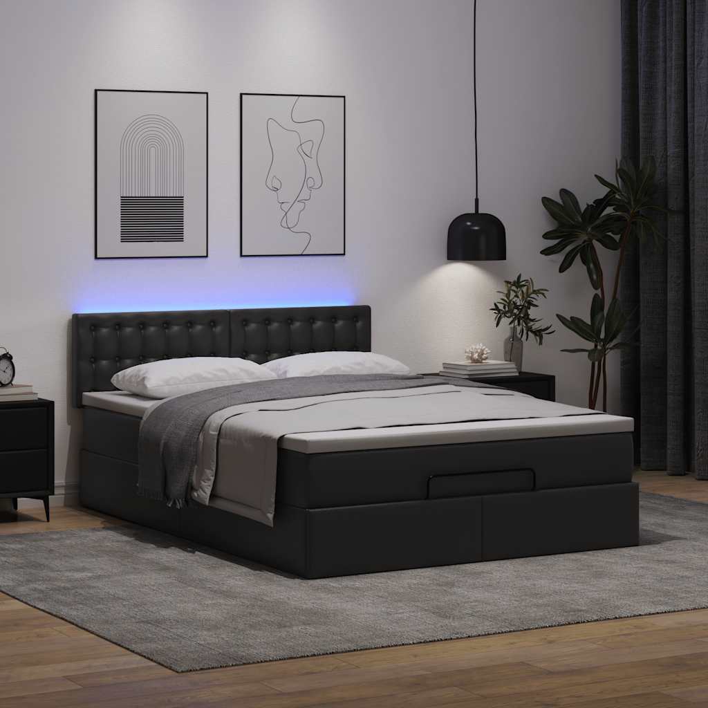 Cama otomana com colchões&leds 140x190cm couro artificial preto