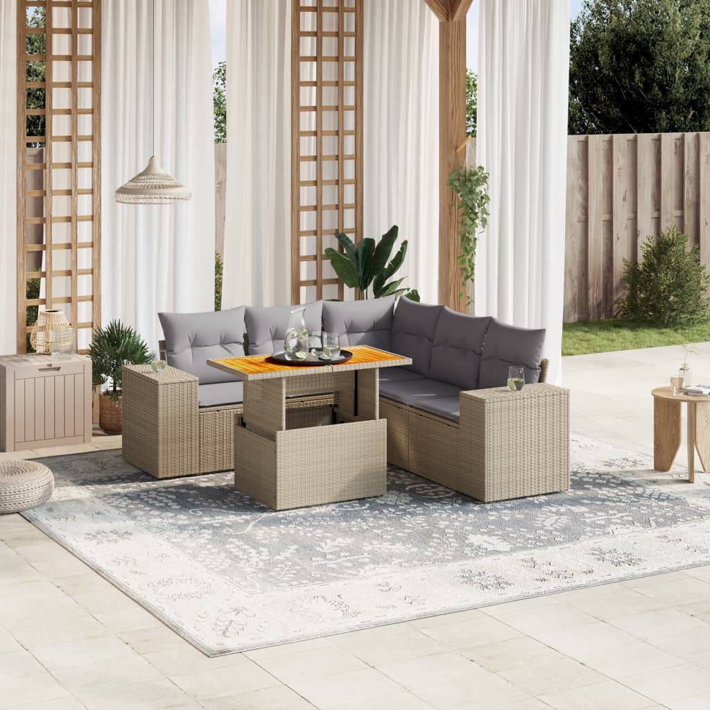 6 Pcs conjunto de sofás p/ jardim com almofadões vime PE bege