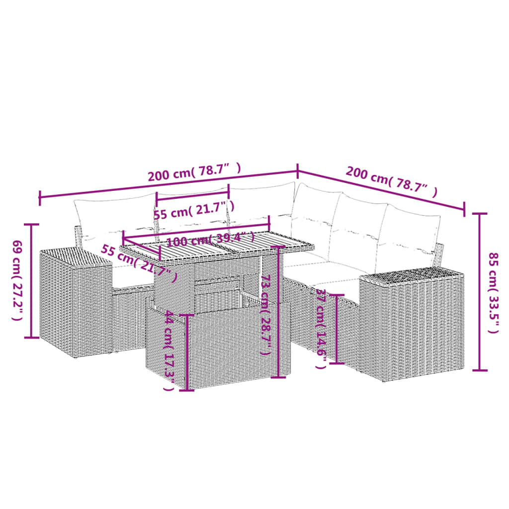 6 Pcs conjunto de sofás p/ jardim com almofadões vime PE bege