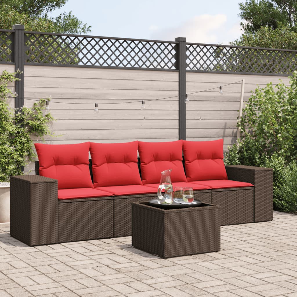 Conjunto de sofá de jardim de 5 peças com almofadas em rattan sintético marrom