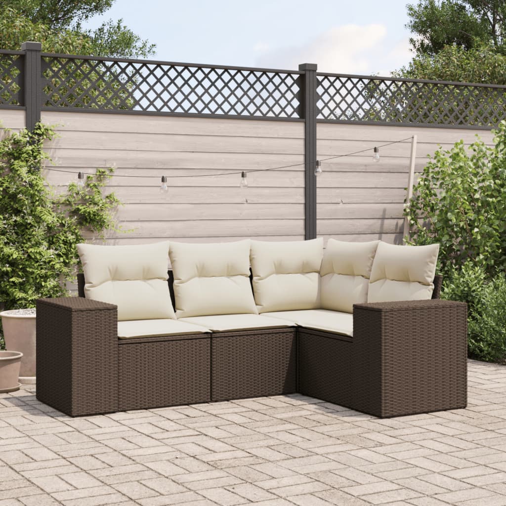 4 Pcs conjunto sofás de jardim c/ almofadões vime PE castanho