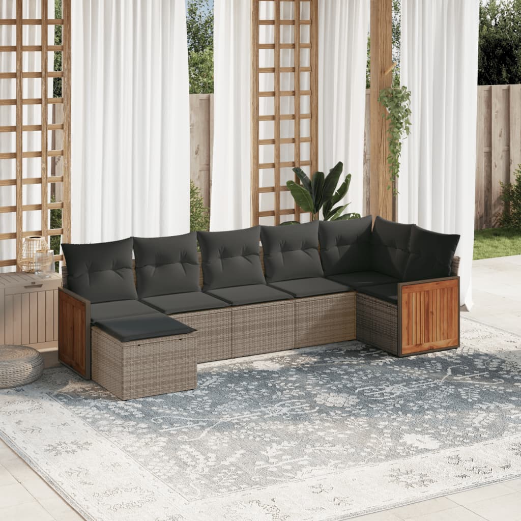 7 Pcs conjunto sofás p/ jardim c/ almofadões vime PE cinzento