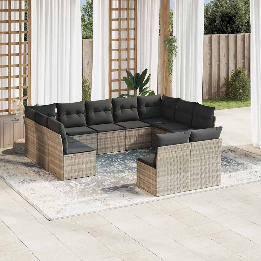 11 Pcs conjunto sofás de jardim c/ almofadões vime PE cinzento