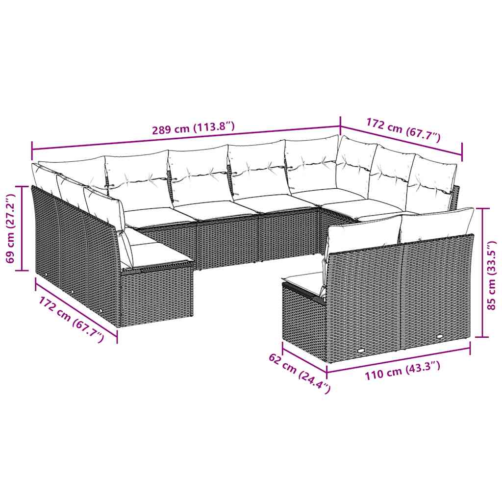 11 Pcs conjunto sofás de jardim c/ almofadões vime PE cinzento