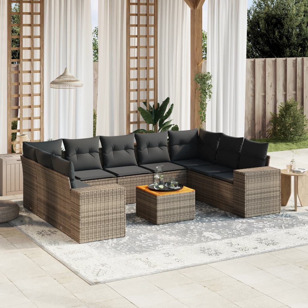 10 Pcs conjunto sofás de jardim c/ almofadões vime PE cinzento