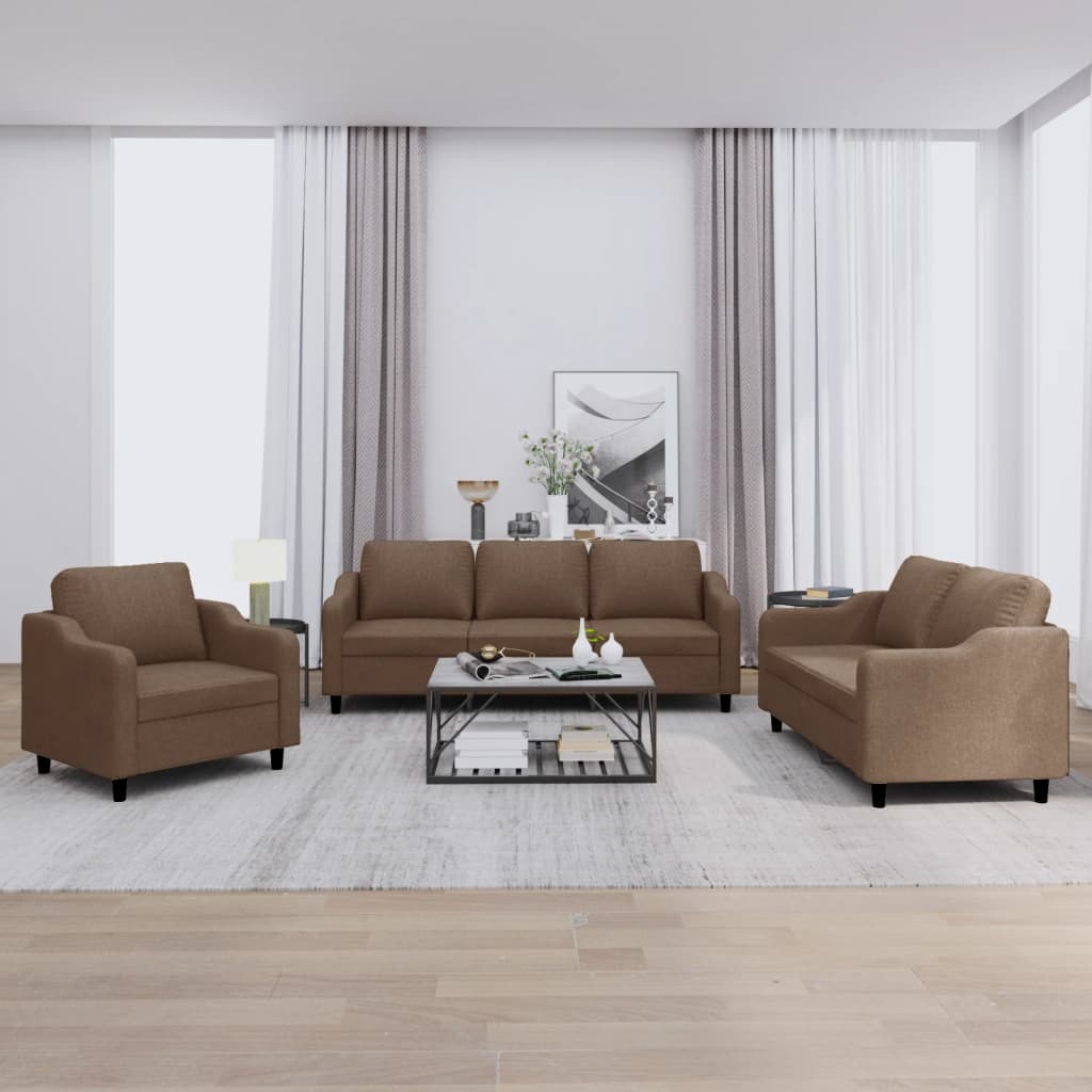 3 Pcs conjunto de sofás com almofadões tecido castanho