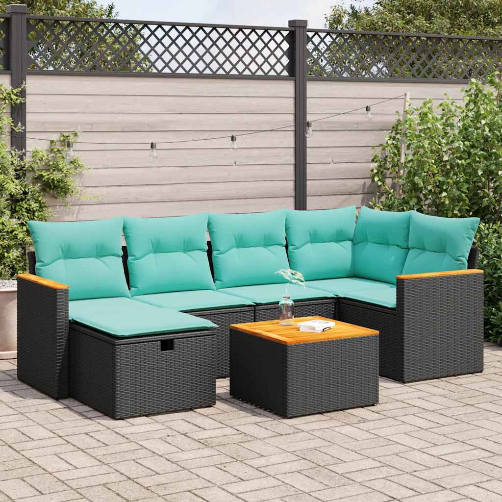 7 Pcs conjunto de sofás p/ jardim c/ almofadões vime PE preto