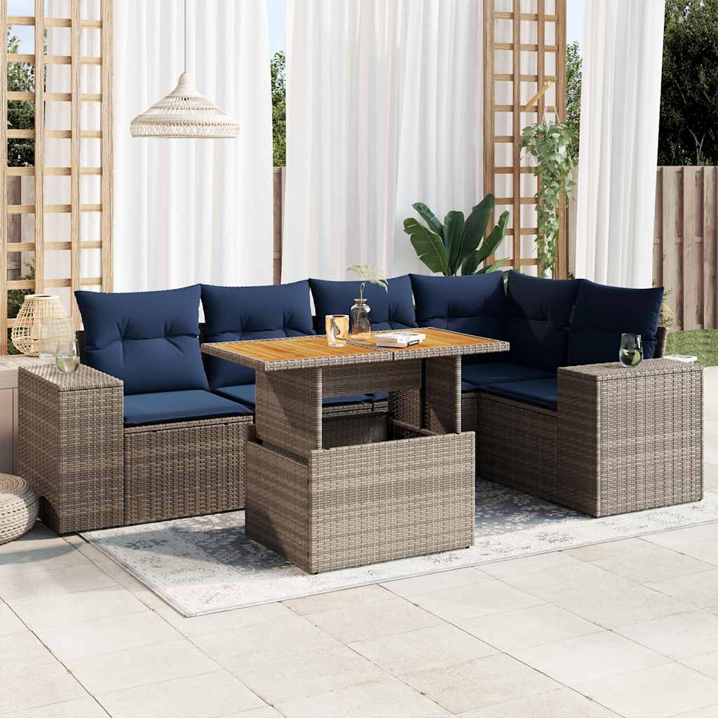 6 Pcs conjunto sofás de jardim com almofadões vime cinzento