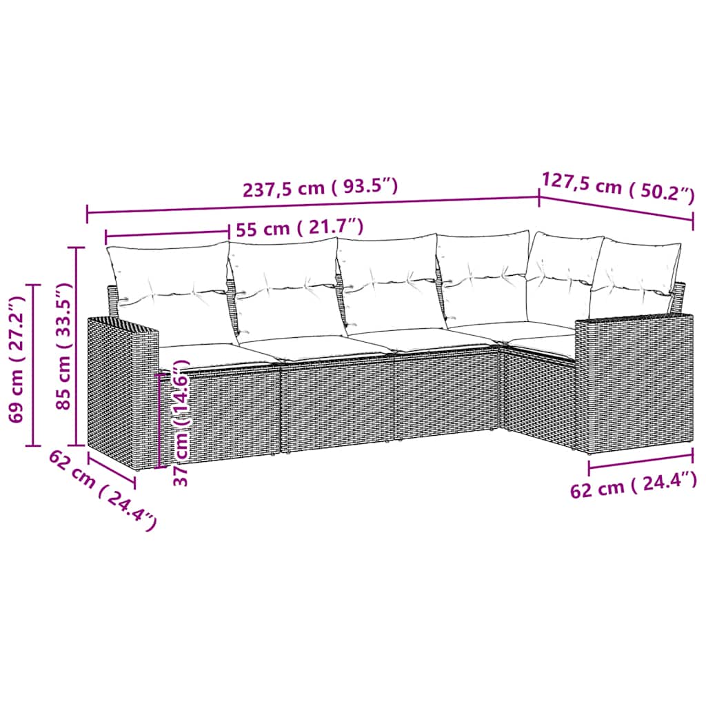 5 Pcs conj. sofás jardim c/ almofadões vime PE cinzento-claro