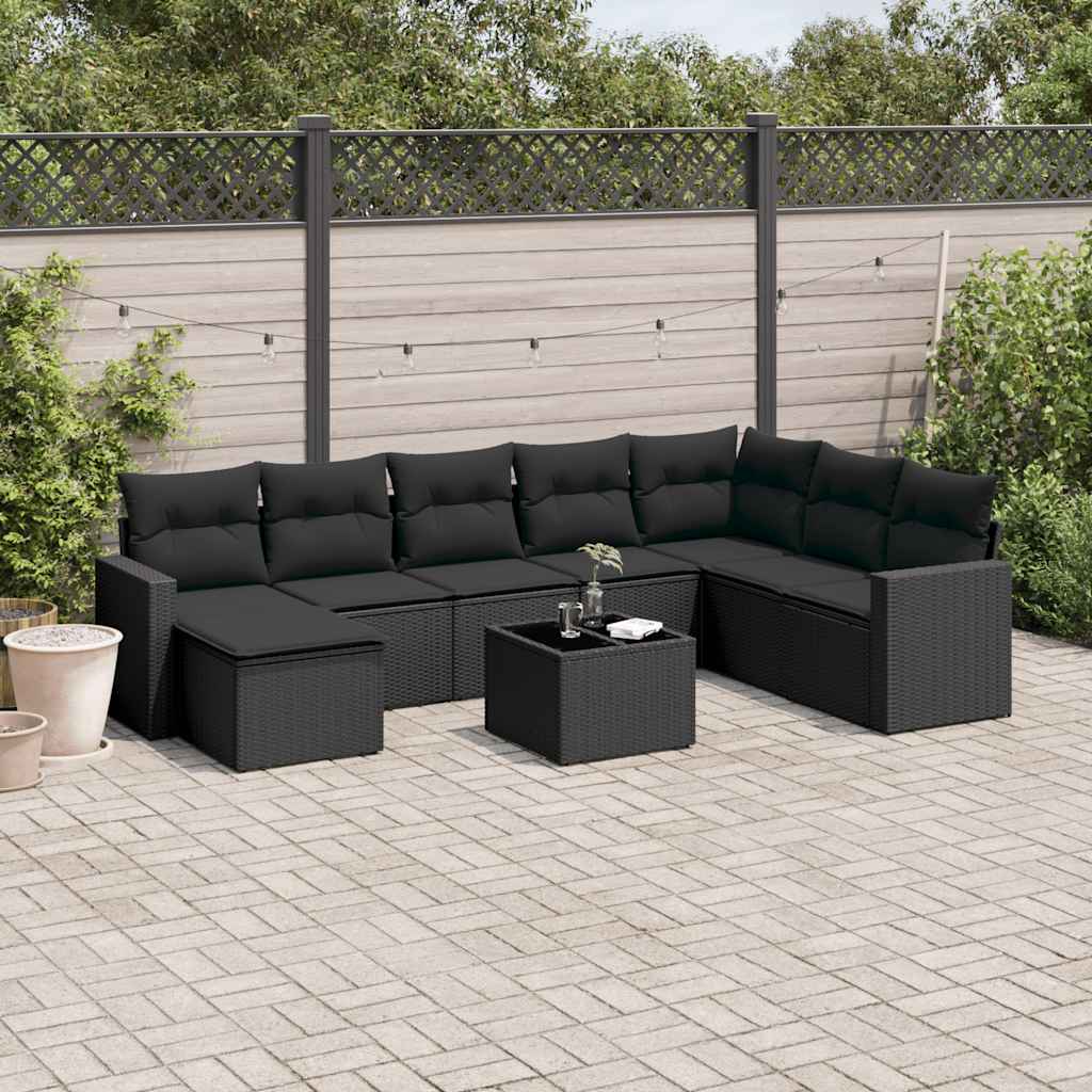 9 Pcs conjunto de sofás p/ jardim c/ almofadões vime PE preto