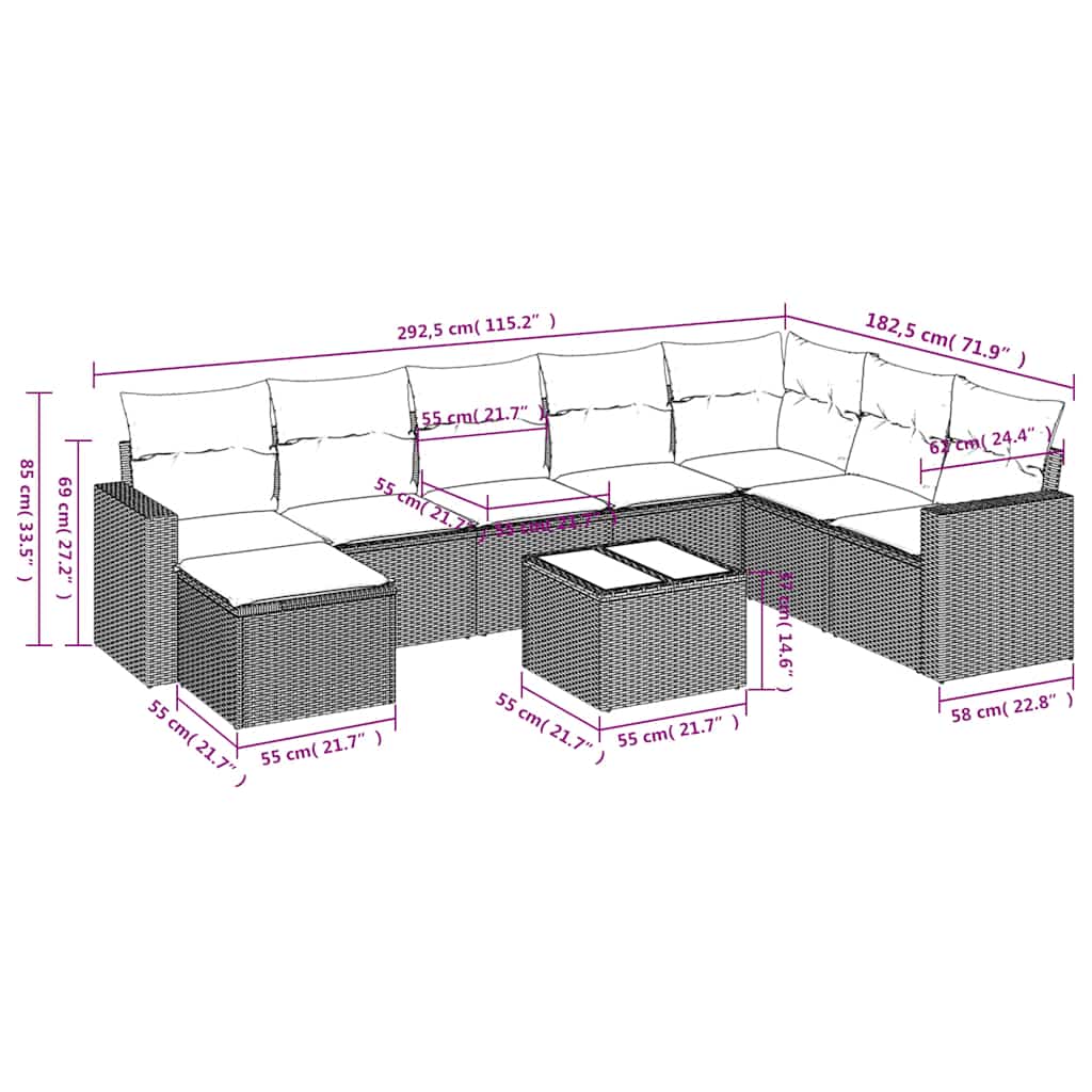 9 Pcs conjunto de sofás p/ jardim c/ almofadões vime PE preto