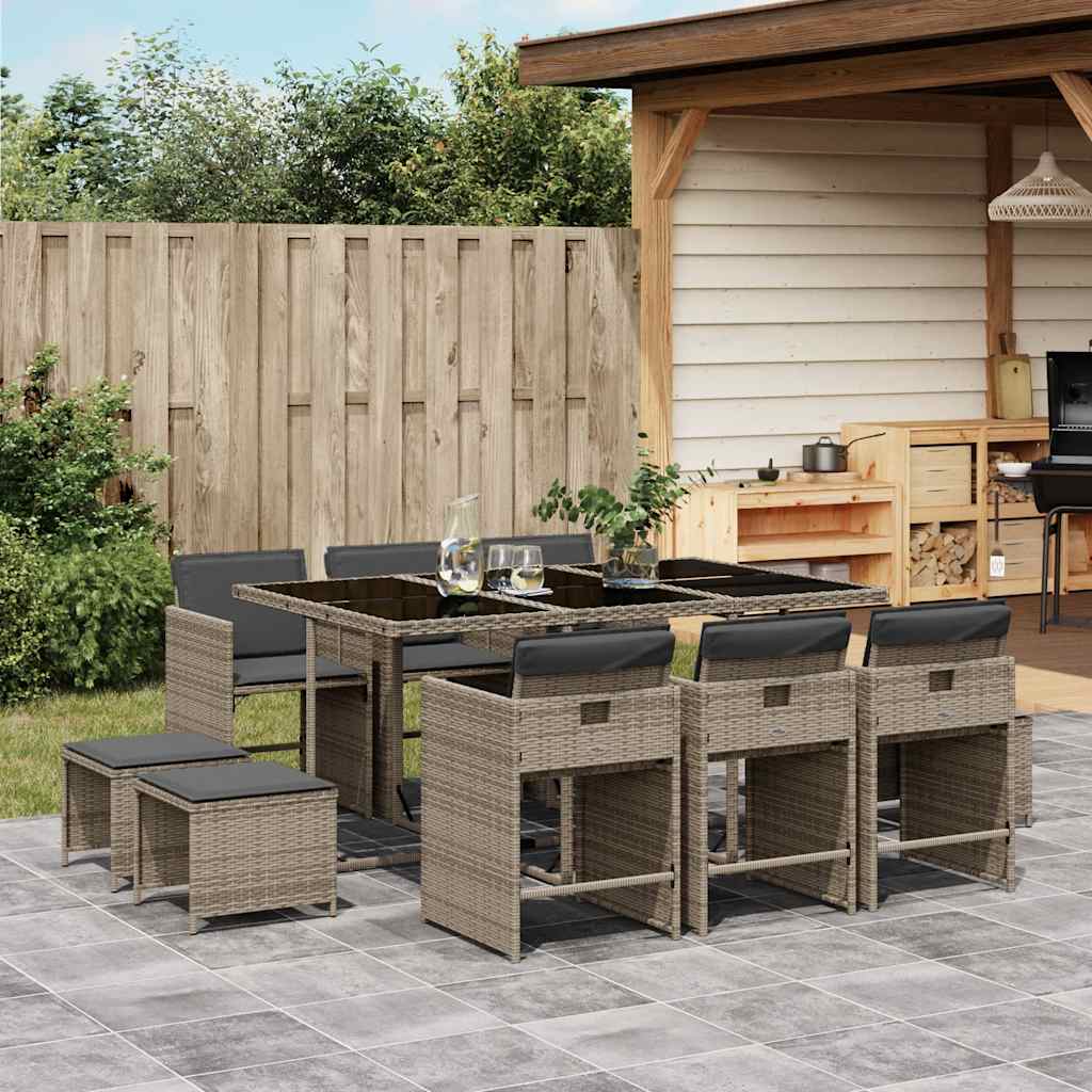 11 Pcs conjunto jantar p/ jardim c/ almofadões vime PE cinzento