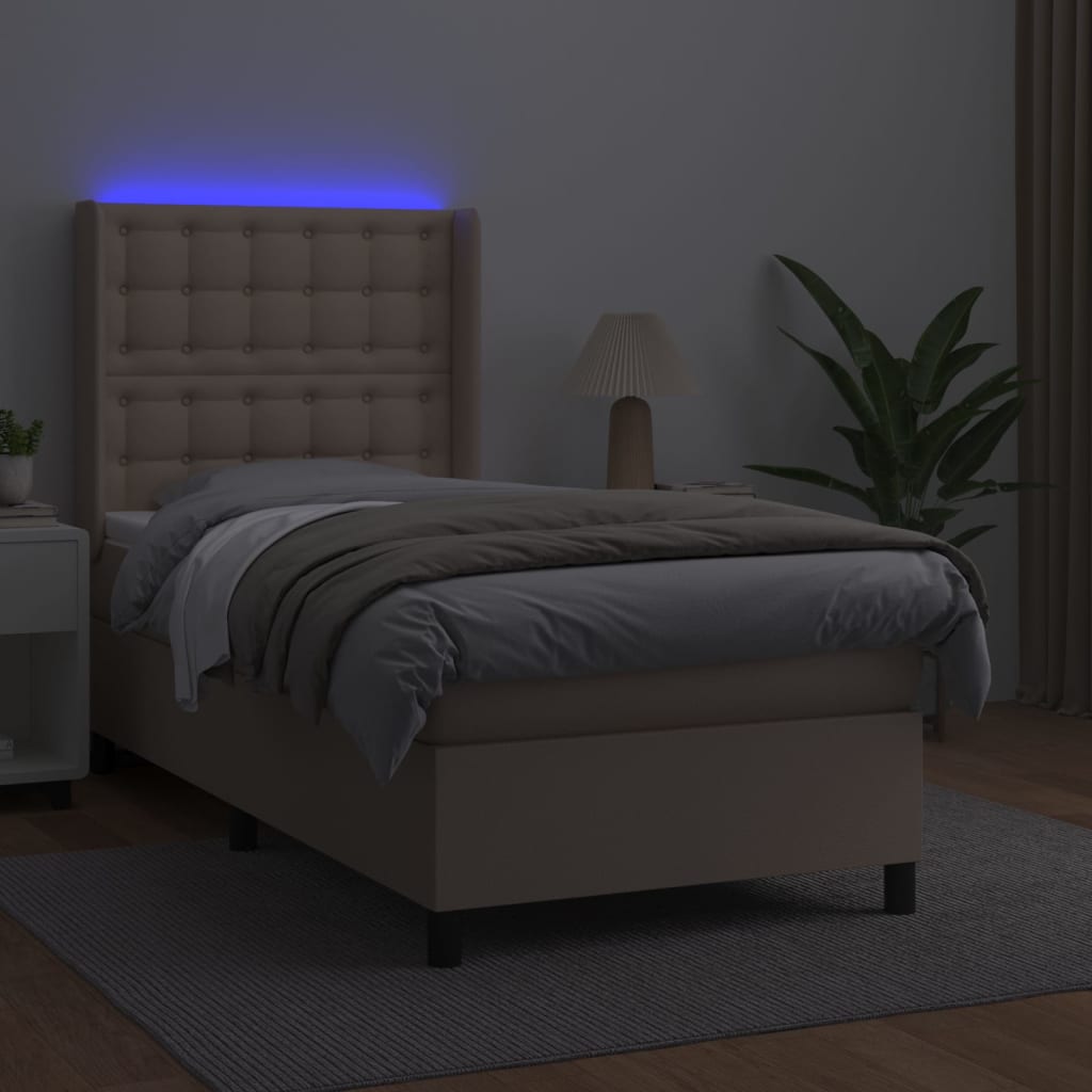 Cama box spring c/ colchão/LED 90x190cm couro artif. cappuccino