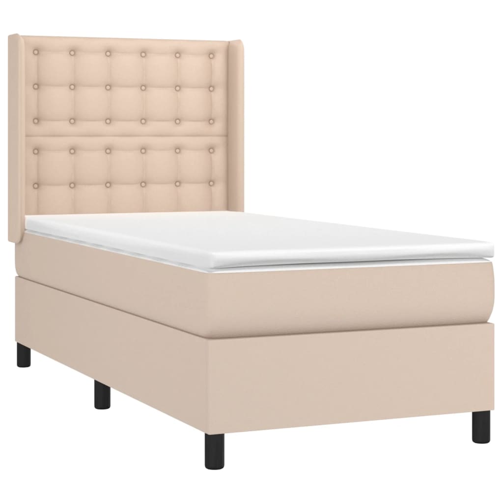 Cama box spring c/ colchão/LED 90x190cm couro artif. cappuccino