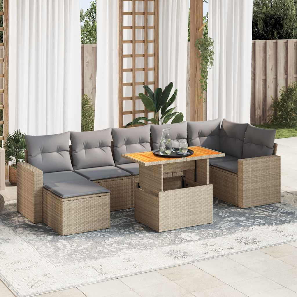 8 Pcs conjunto de sofás p/ jardim com almofadões vime PE bege