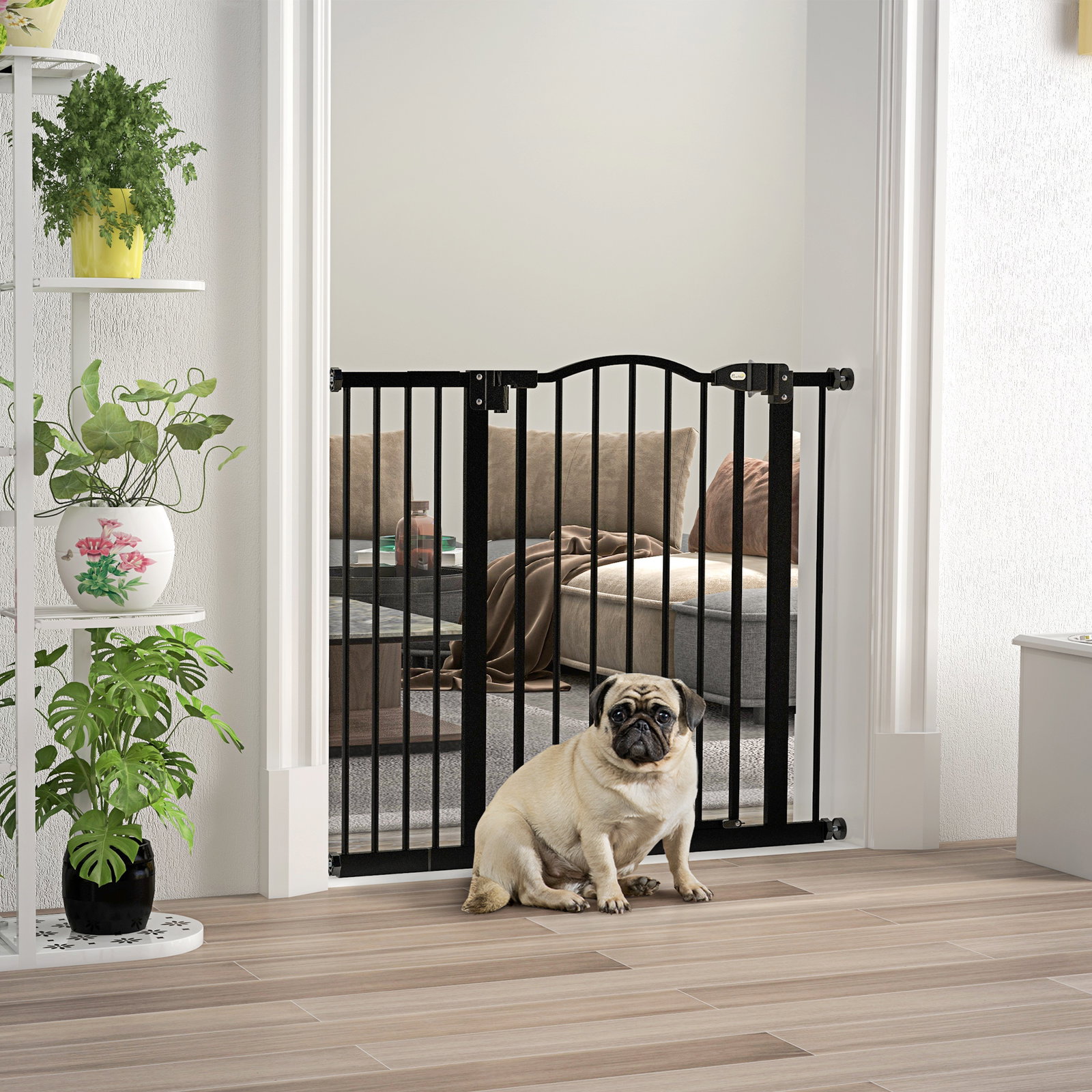 Barreira de segurança para cães com largura ajustável 74-94 cm e extensão para escadas e portas preto