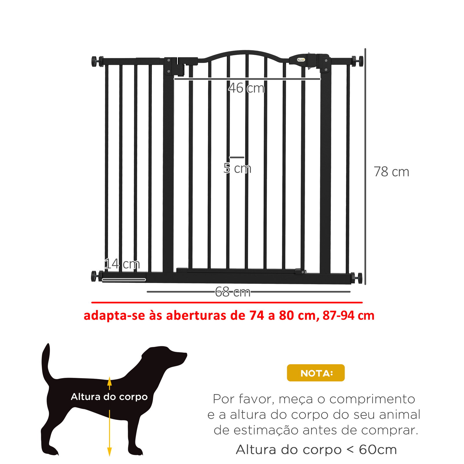 Barreira de segurança para cães com largura ajustável 74-94 cm e extensão para escadas e portas preto
