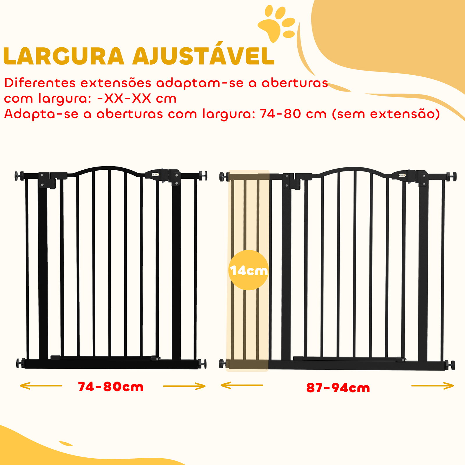 Barreira de segurança para cães com largura ajustável 74-94 cm e extensão para escadas e portas preto