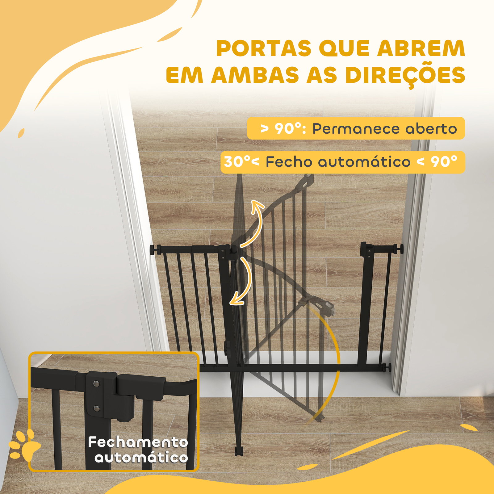 Barreira de segurança para cães com largura ajustável 74-94 cm e extensão para escadas e portas preto