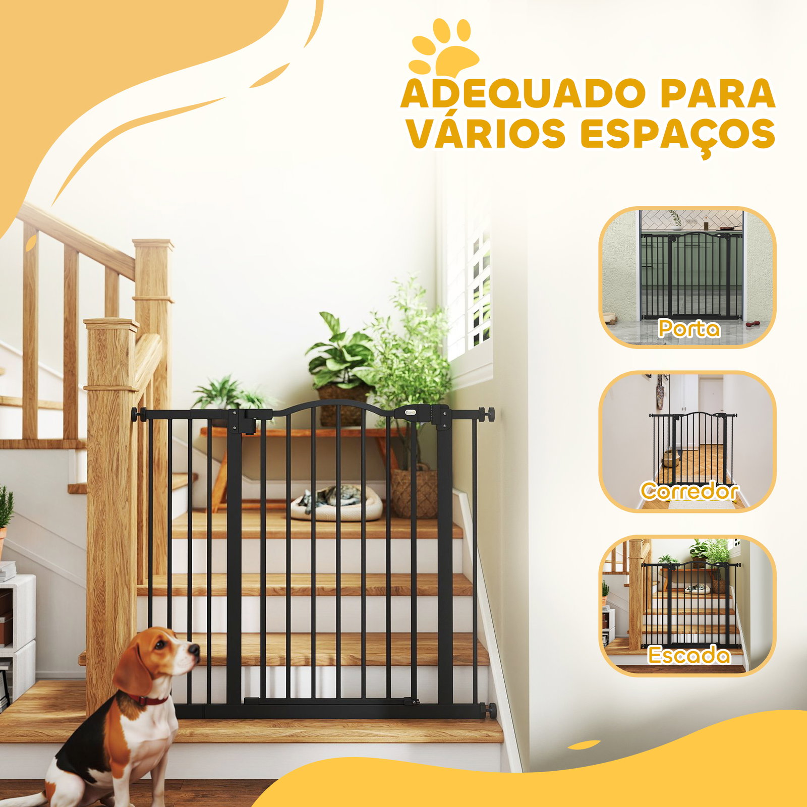 Barreira de segurança para cães com largura ajustável 74-94 cm e extensão para escadas e portas preto