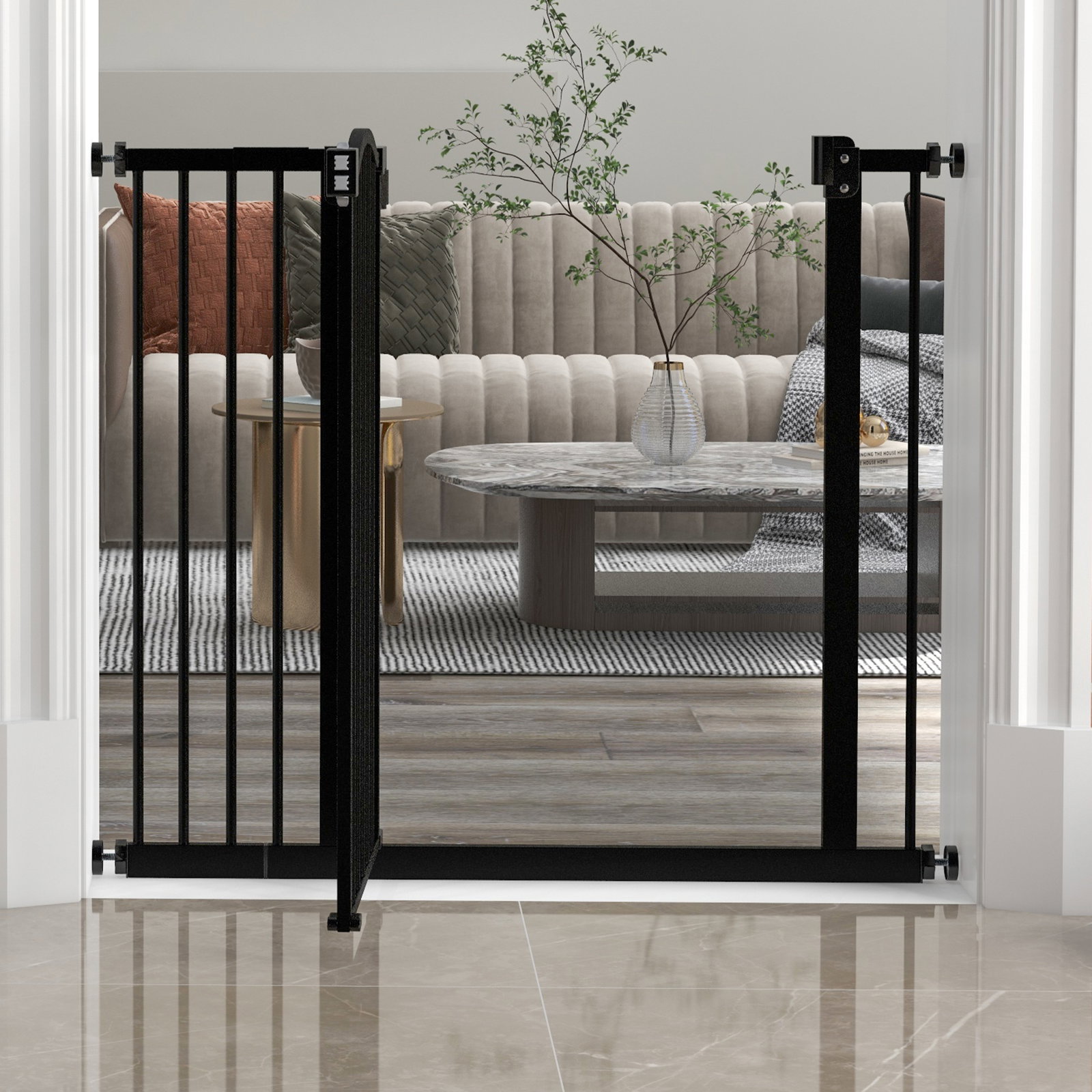 Barreira de segurança para cães com largura ajustável 74-94 cm e extensão para escadas e portas preto