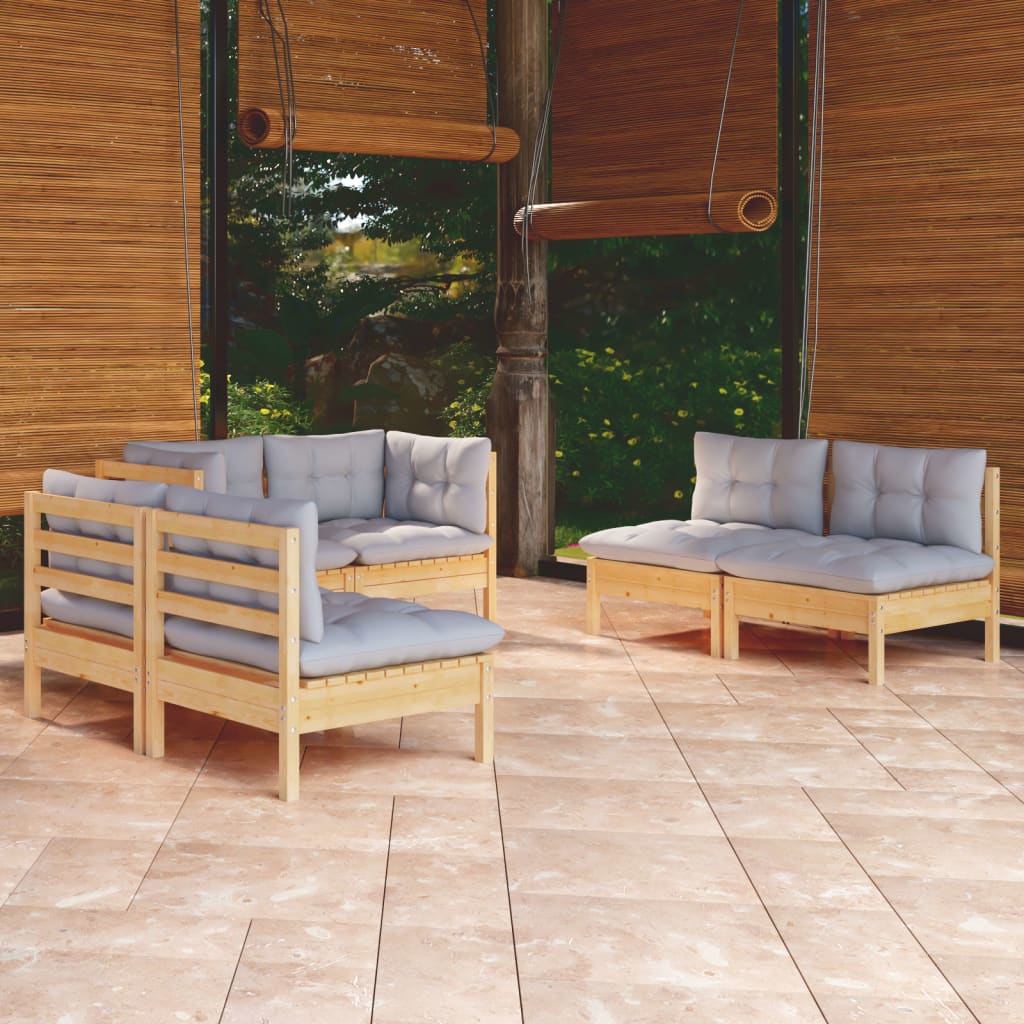 6 Pcs conjunto lounge de jardim + almofadões cinza pinho maciço