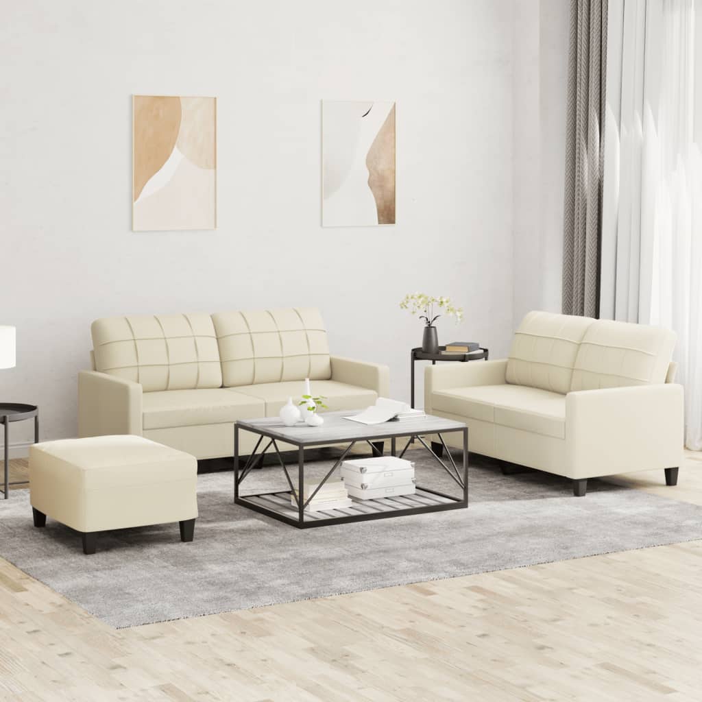 3 Pcs conjunto sofás c/ almofadões couro artificial cor creme