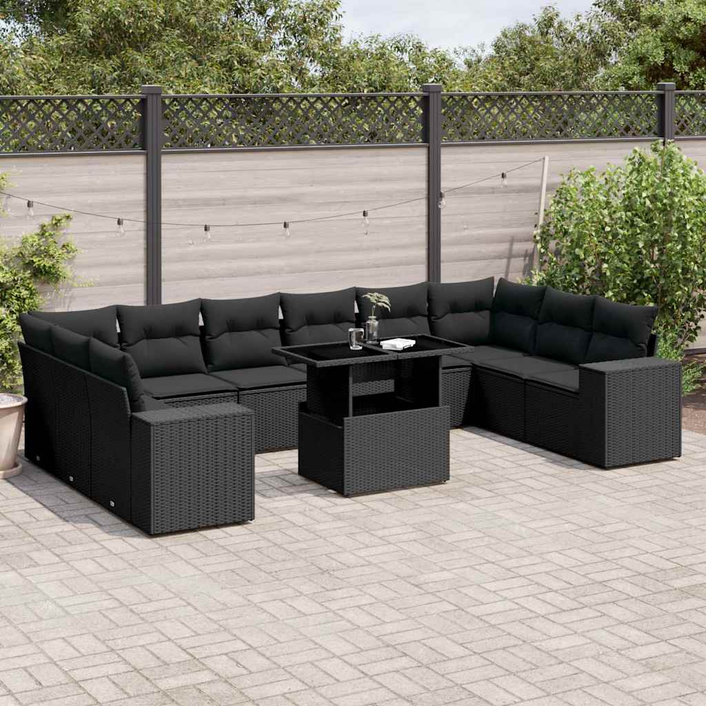 11 Pcs conjunto sofás de jardim c/ almofadões vime PE preto