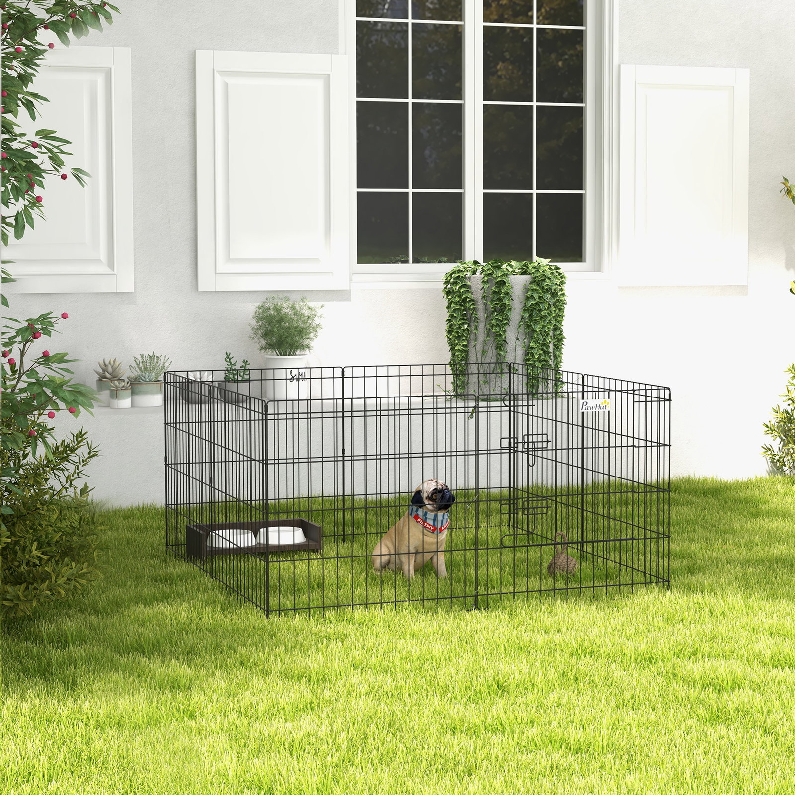 Parque para cães 8 painéis 61x61cm dobráveis gaiola metálica para animais de estimação com porta e dupla fechadura preto