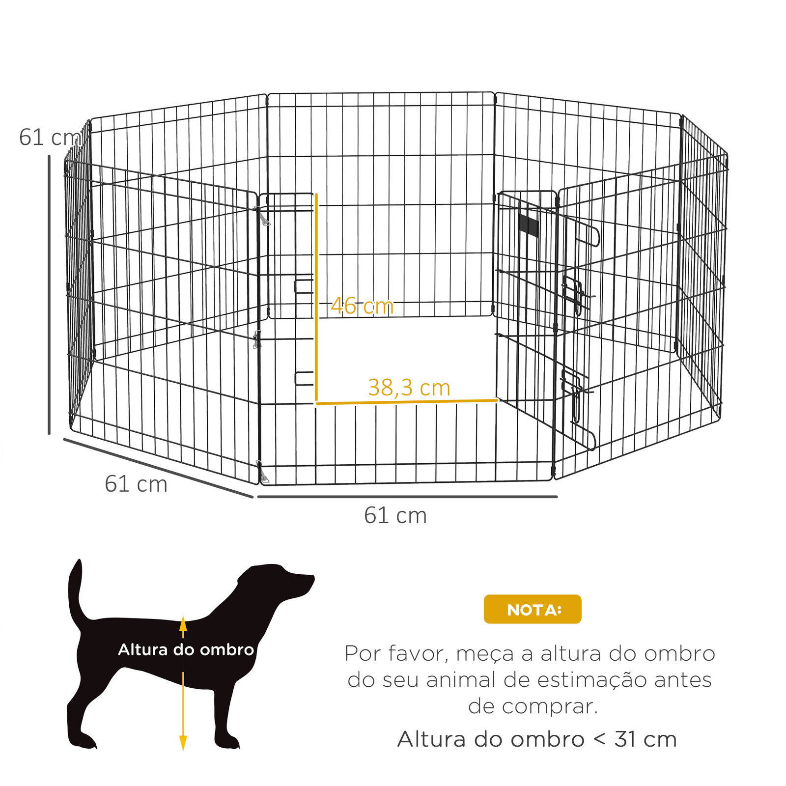 Parque para cães 8 painéis 61x61cm dobráveis gaiola metálica para animais de estimação com porta e dupla fechadura preto