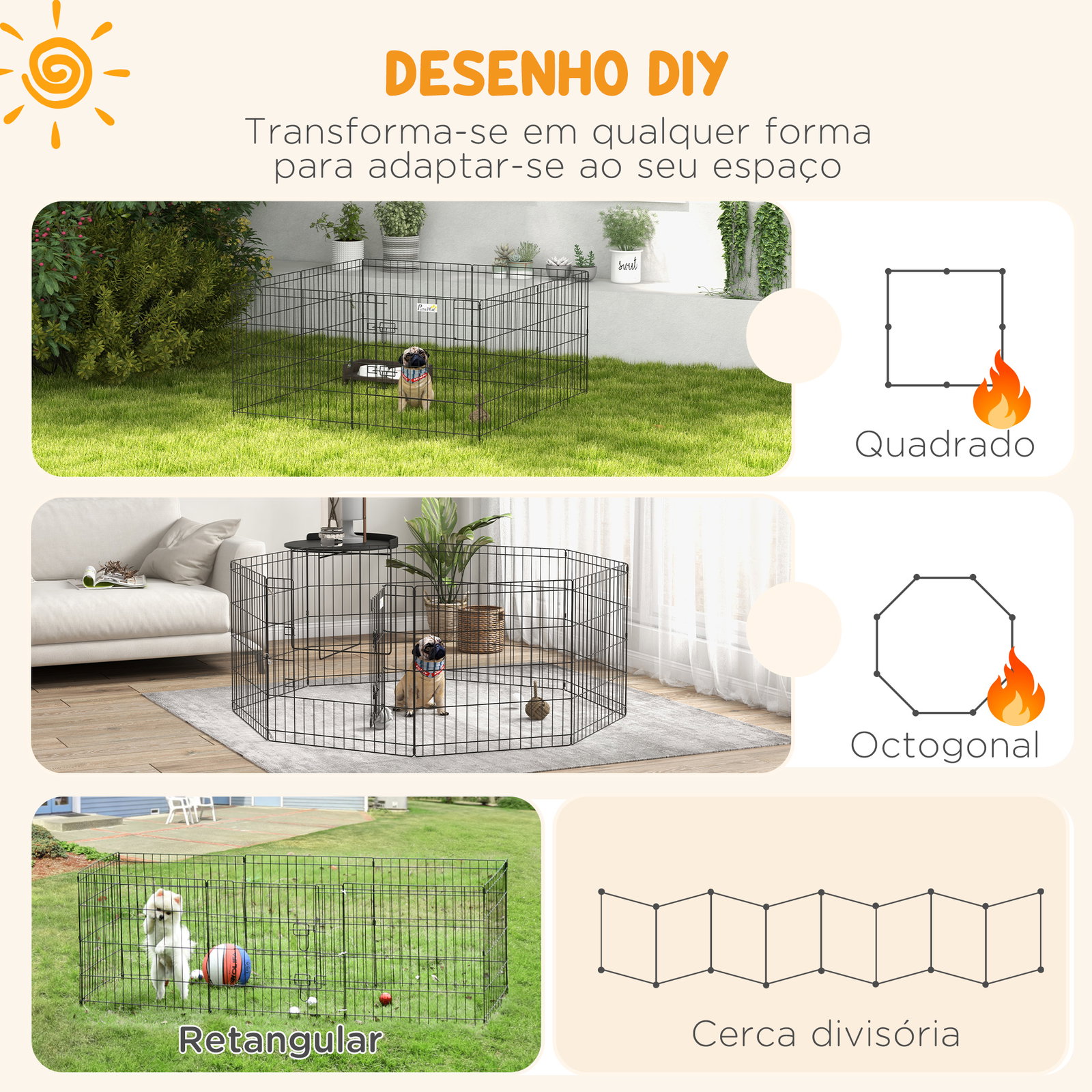Parque para cães 8 painéis 61x61cm dobráveis gaiola metálica para animais de estimação com porta e dupla fechadura preto