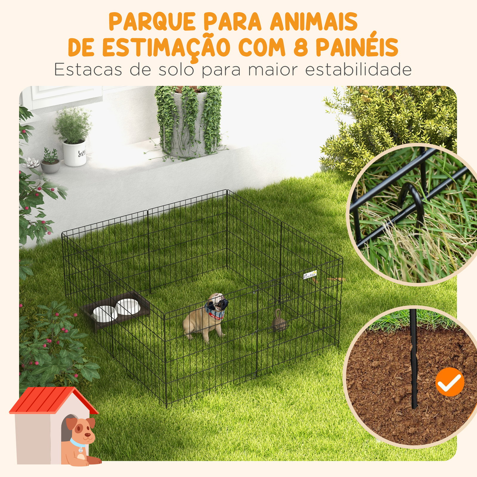 Parque para cães 8 painéis 61x61cm dobráveis gaiola metálica para animais de estimação com porta e dupla fechadura preto